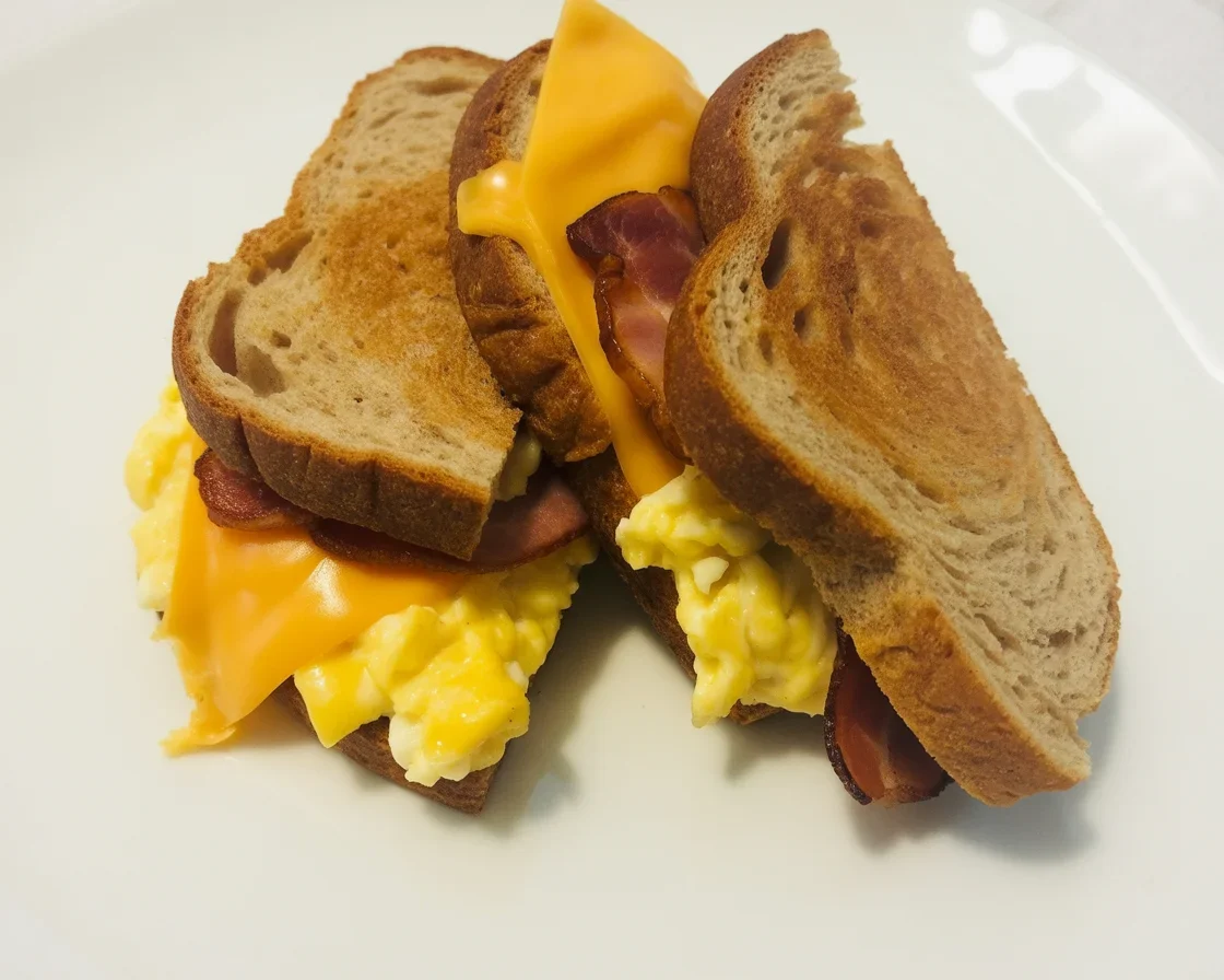 Delicious turkey bacon and egg breakfast sandwich on whole grain bread.
