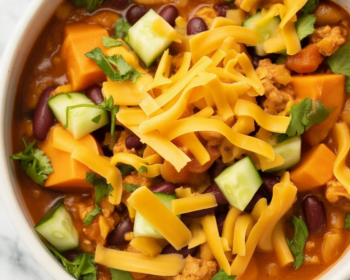 Bowl of turkey sweet potato chili topped with fresh herbs and avocado slices.