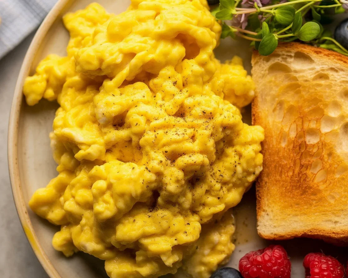 Delicious tofu scramble with turmeric, veggies, and avocado served on a plate