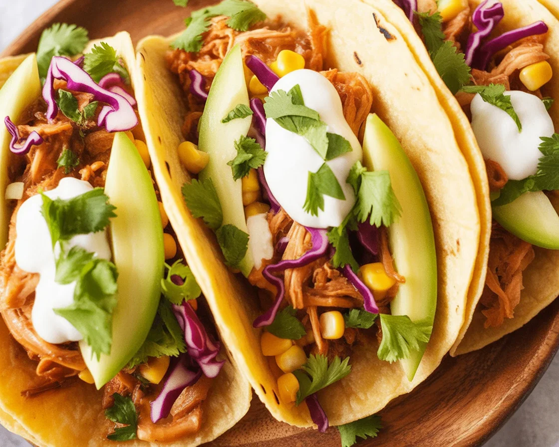 Vegan jackfruit BBQ pulled tacos topped with fresh ingredients in a tortilla.