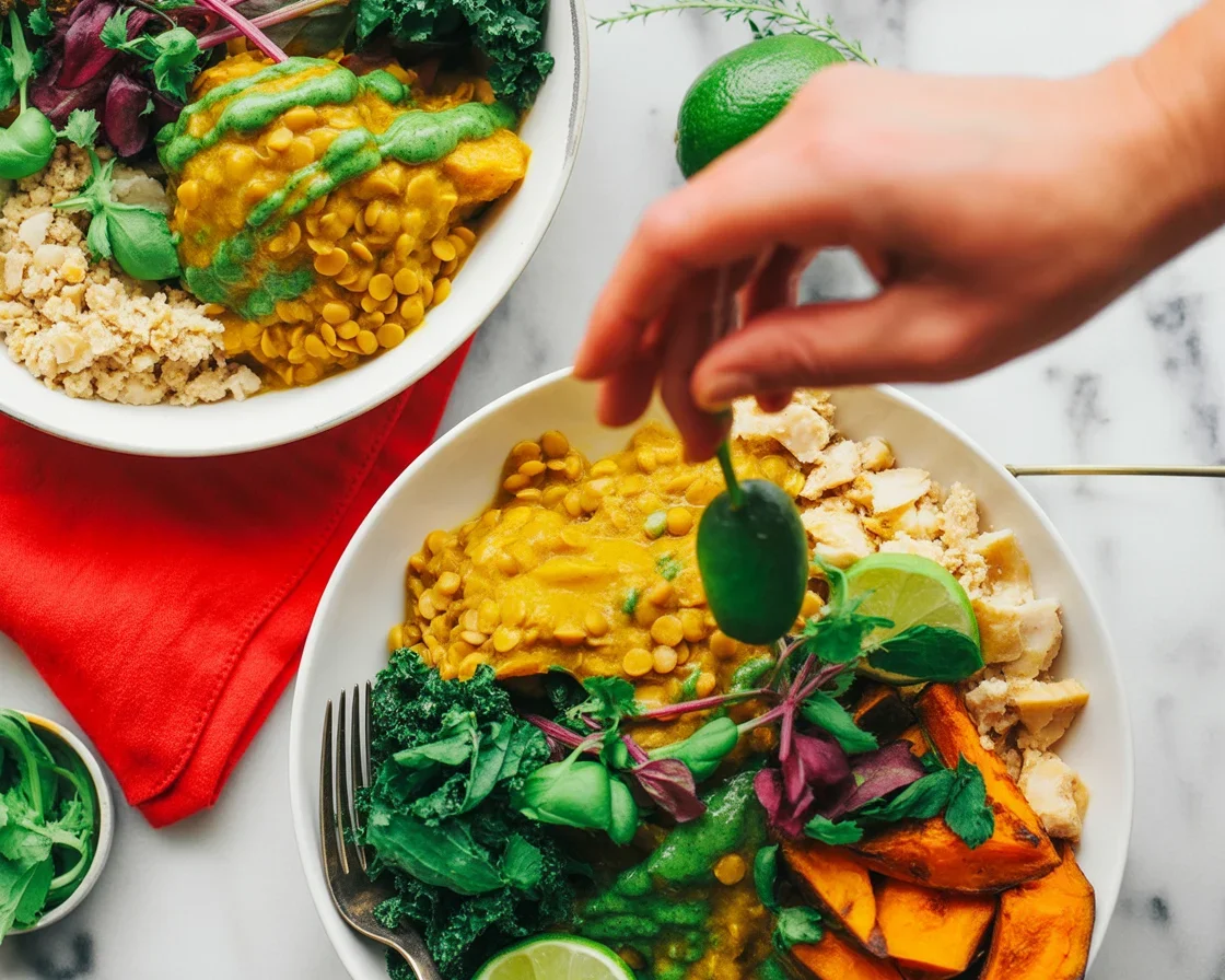 Delicious vegan lentil sweet potato curry bowl topped with fresh herbs and spices.
