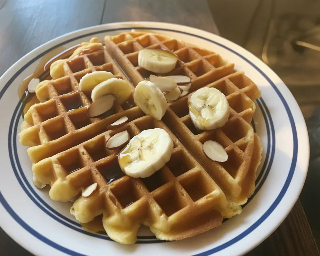Whole grain waffles topped with almond butter and fresh berries for a healthy breakfast.