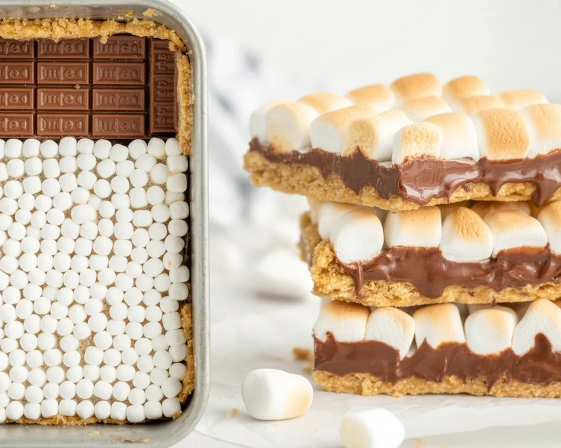 Delicious S'mores bars with graham crackers, chocolate, and marshmallows dessert.