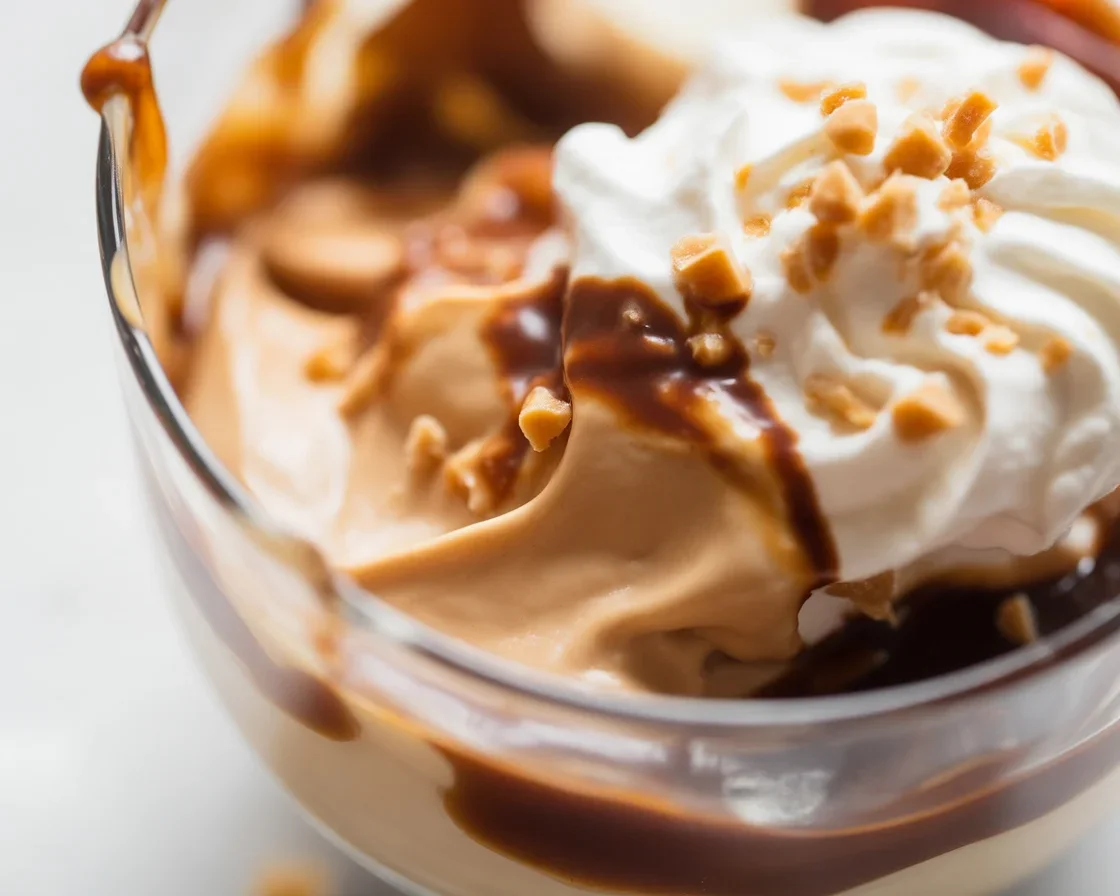 Creamy butterscotch pudding topped with rich whipped cream and caramel drizzle