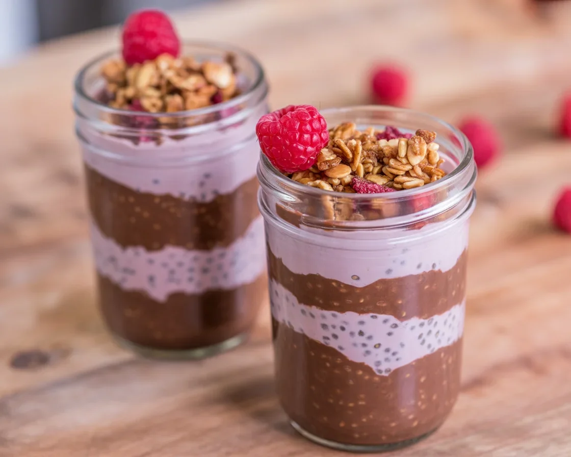 Delicious chocolate chia seed pudding parfait layered with yogurt and fresh berries.