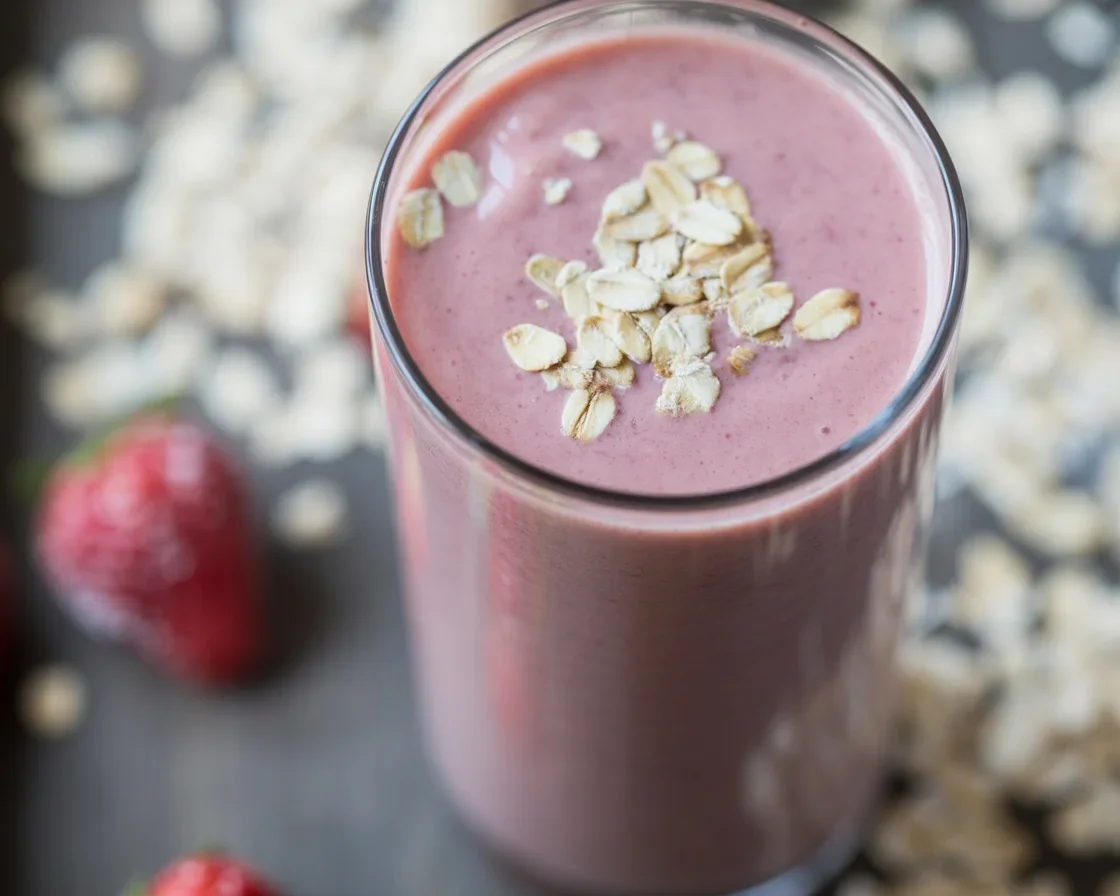 High-protein breakfast smoothie with oats, bananas, and strawberries in a glass.