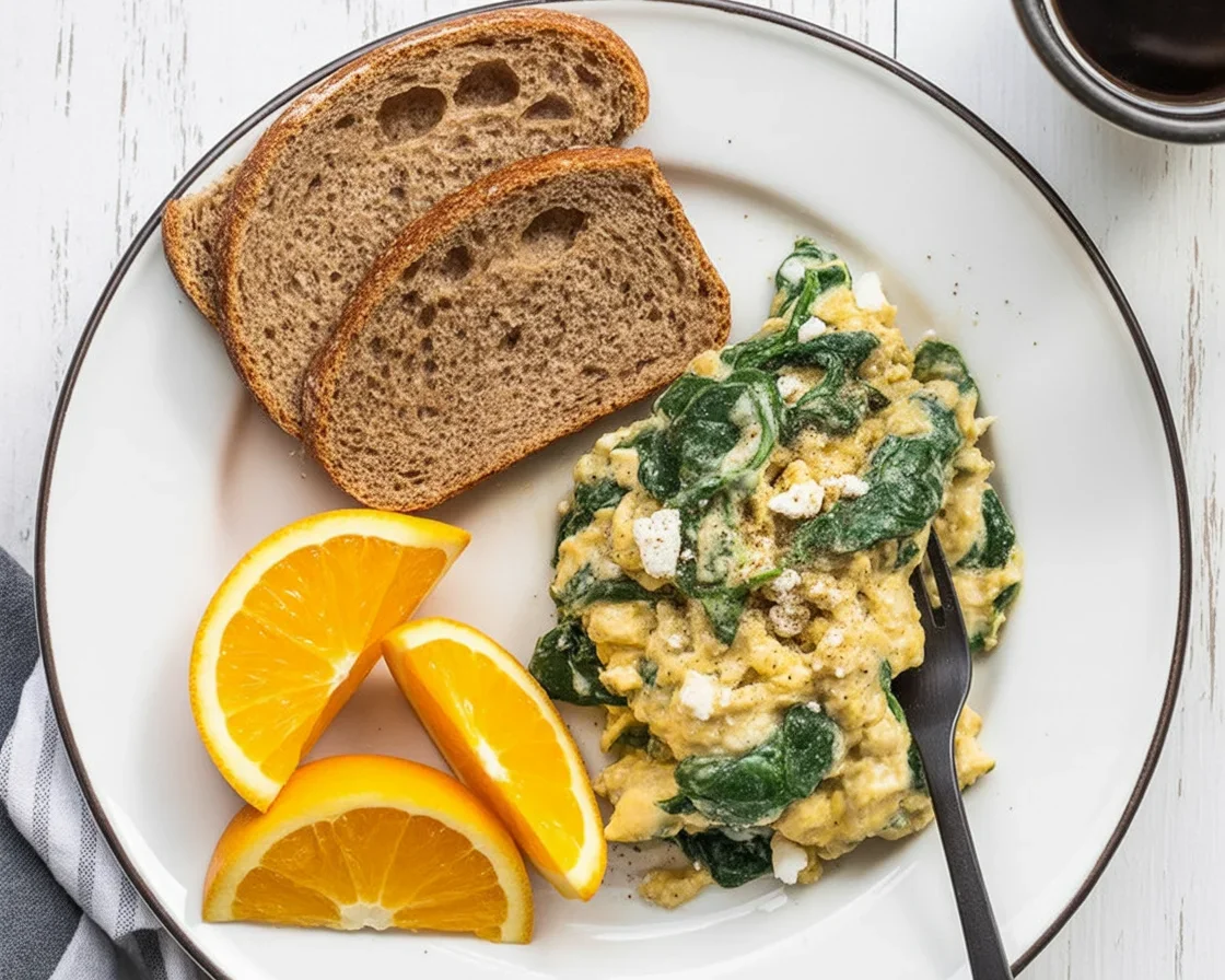 Scrambled eggs with spinach and feta, a healthy and delicious breakfast dish.