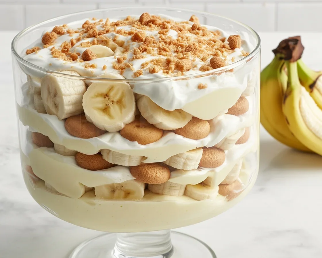 Delicious banana pudding layered with vanilla wafers and fresh bananas.