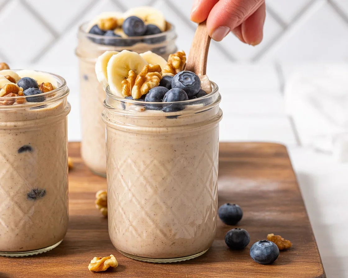 Bowl of cinnamon raisin overnight oats topped with fresh raisins and cinnamon