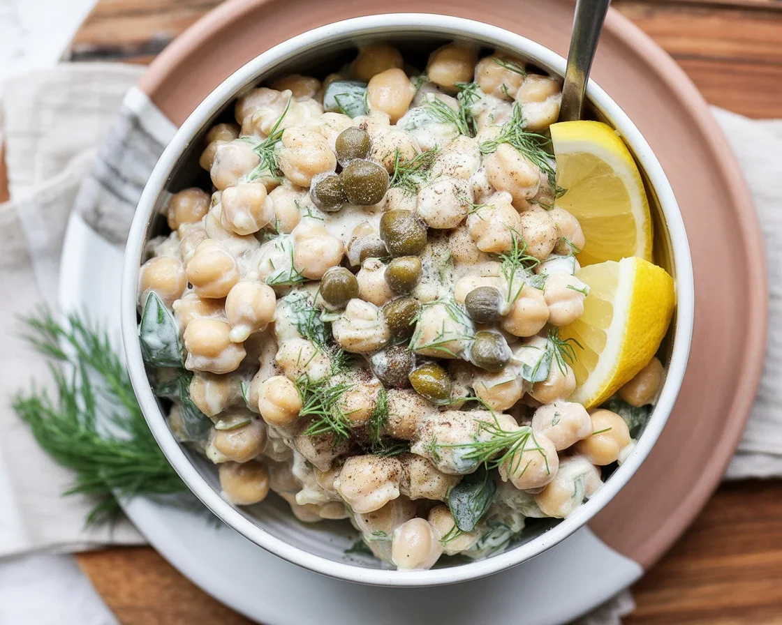 Delicious mashed chickpea salad with dill and capers served in a bowl.