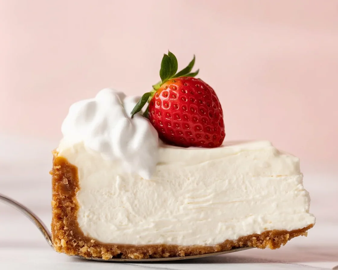 No-bake cheesecake with graham cracker crust topped with cherries.