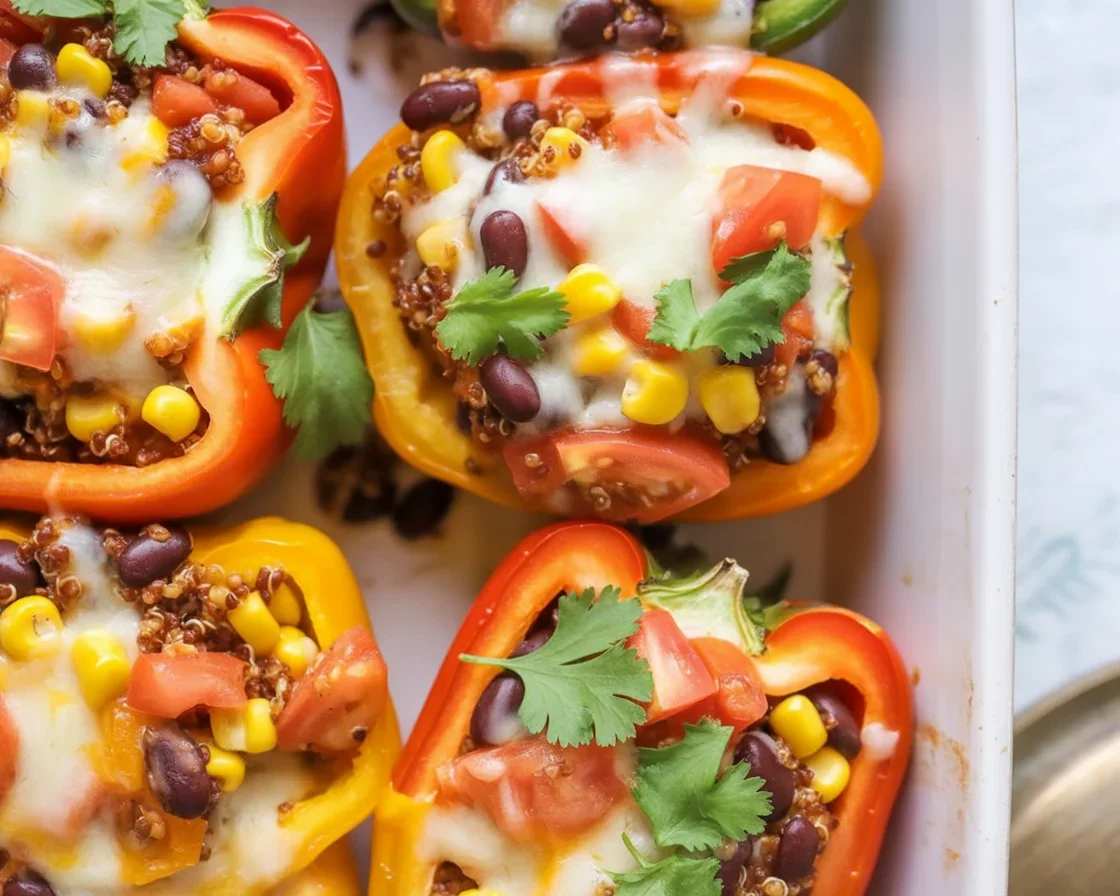 Colorful quinoa stuffed bell peppers filled with vegetables and topped with melted cheese.