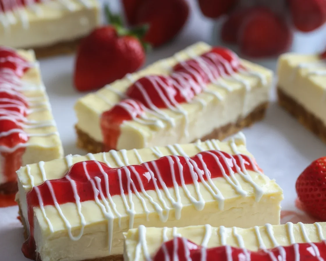 Delicious strawberry cheesecake bars with fresh strawberries on a graham cracker crust.