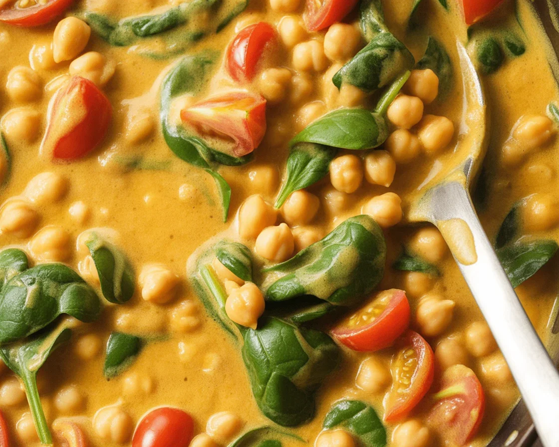 Bowl of vegan chickpea and spinach curry served with rice and fresh cilantro.