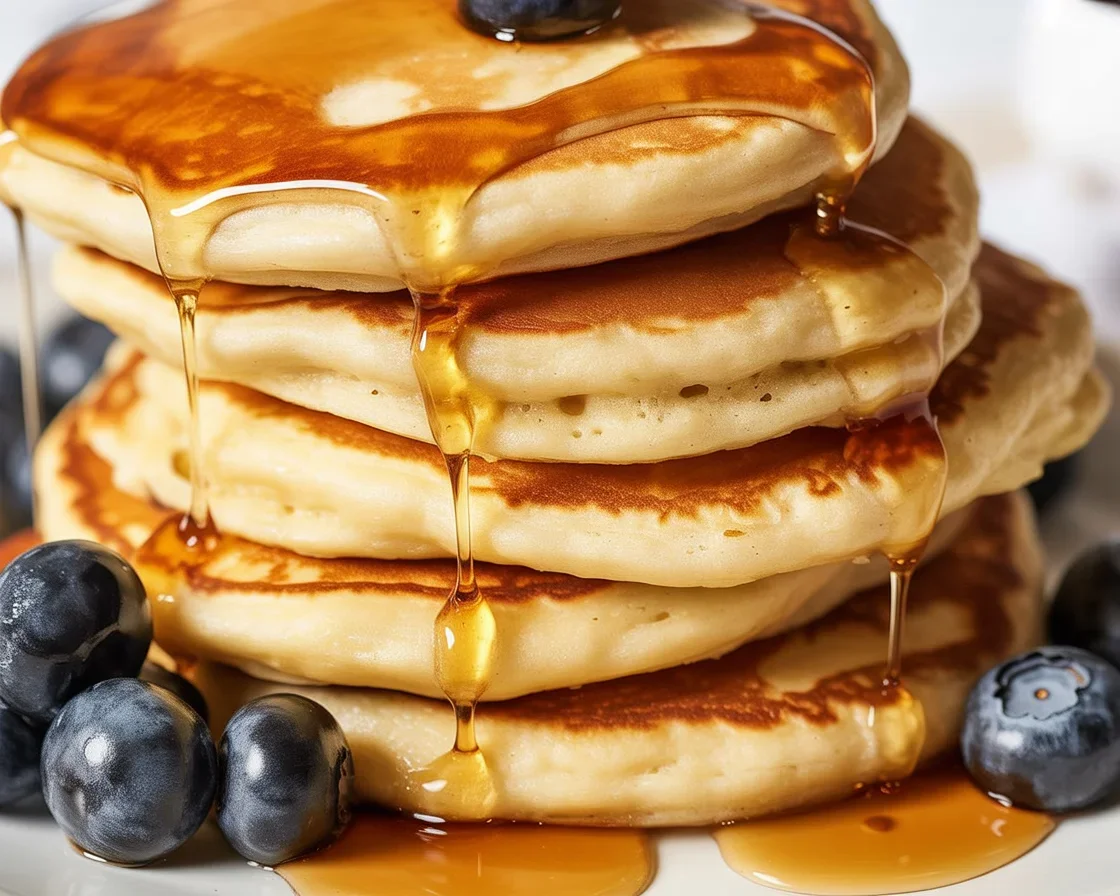 High-protein cottage cheese pancakes served with fresh fruits and syrup