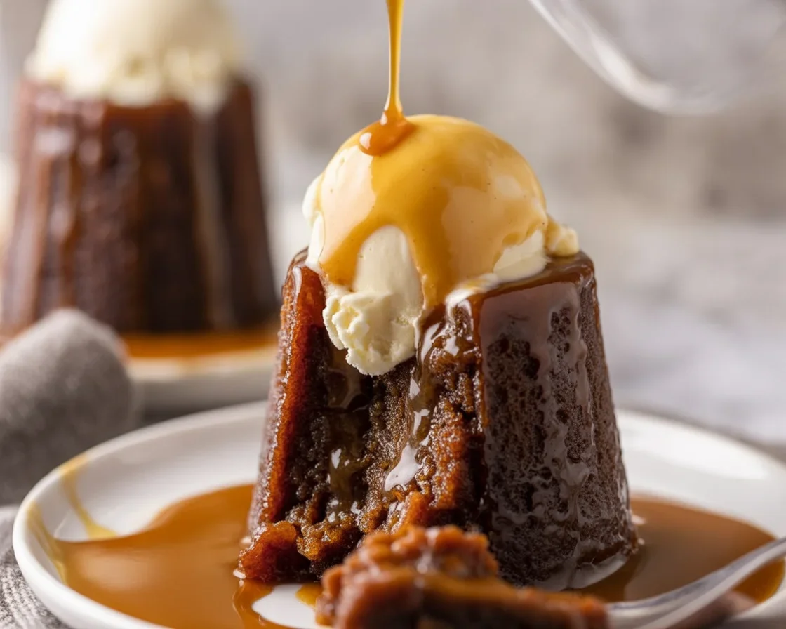 Delicious sticky toffee pudding with dates topped with rich toffee sauce.