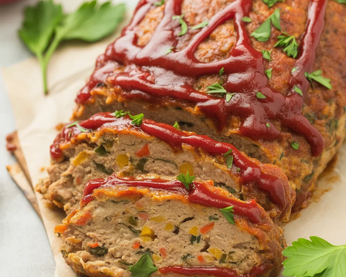Moist and healthy turkey meatloaf with vegetables, featuring zucchini and carrots.