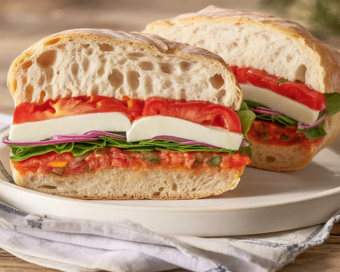 High-protein tomato mozzarella arugula sandwich with fresh ingredients
