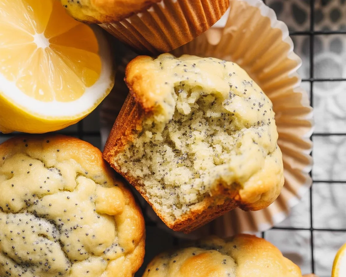 Freshly baked lemon poppy seed muffins with a golden crust and zesty glaze.