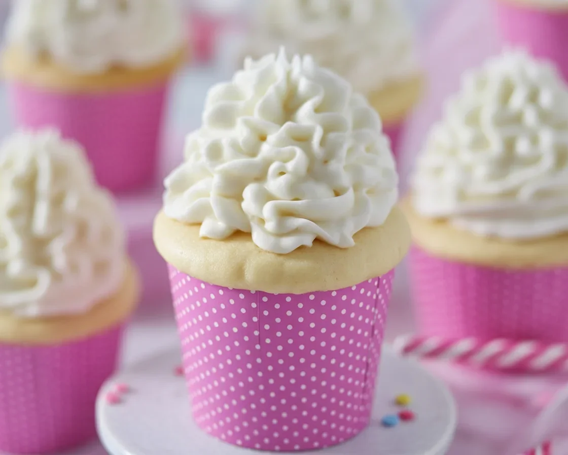Moist vanilla cupcakes with creamy buttercream frosting on a decorative plate.