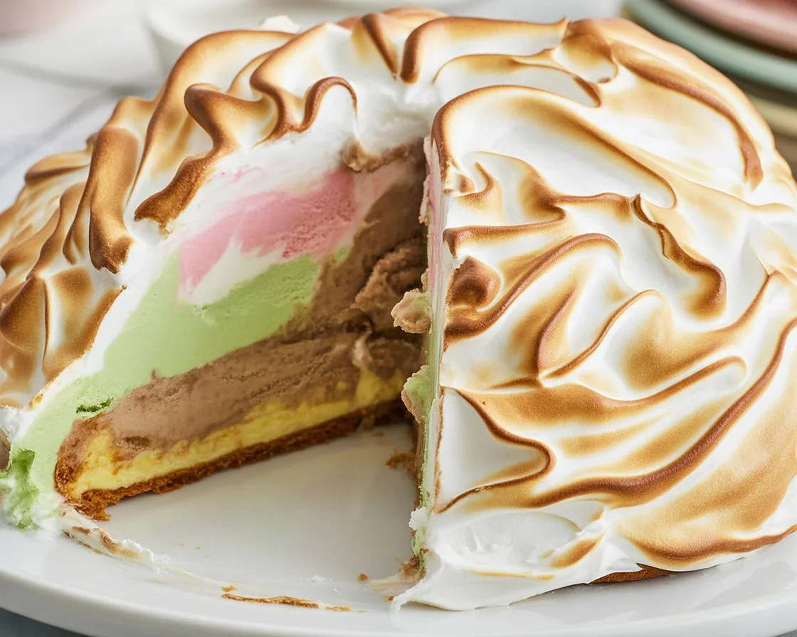 Delicious homemade Baked Alaska dessert with cake, ice cream, and toasted meringue.