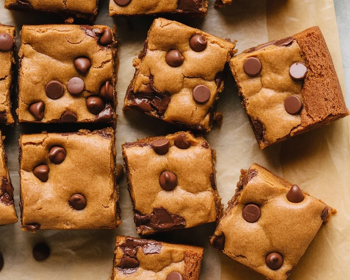 Delicious flourless almond butter blondies on a plate with a drizzle of chocolate.