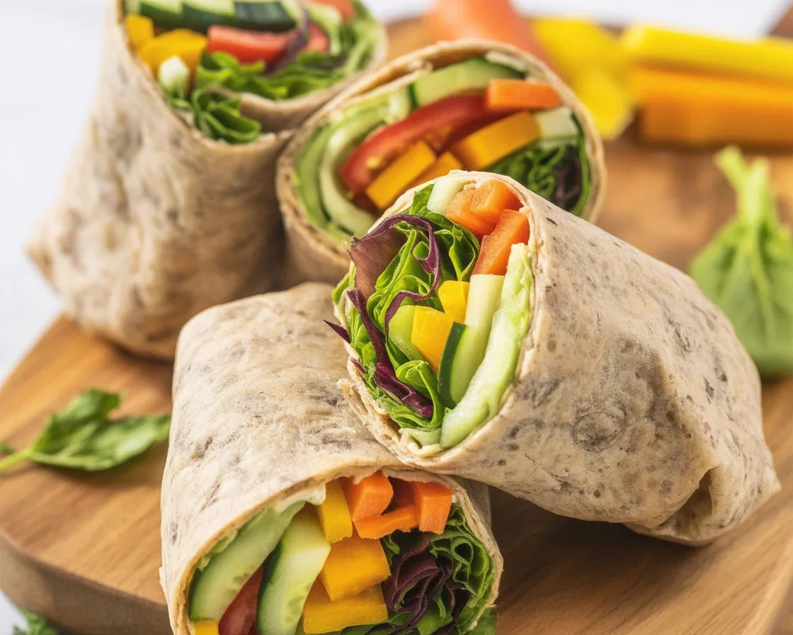 Veggie hummus wrap filled with fresh vegetables and hummus for a healthy meal.