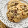 Delicious almond flour chocolate chip cookies fresh out of the oven with melted chocolate chips.