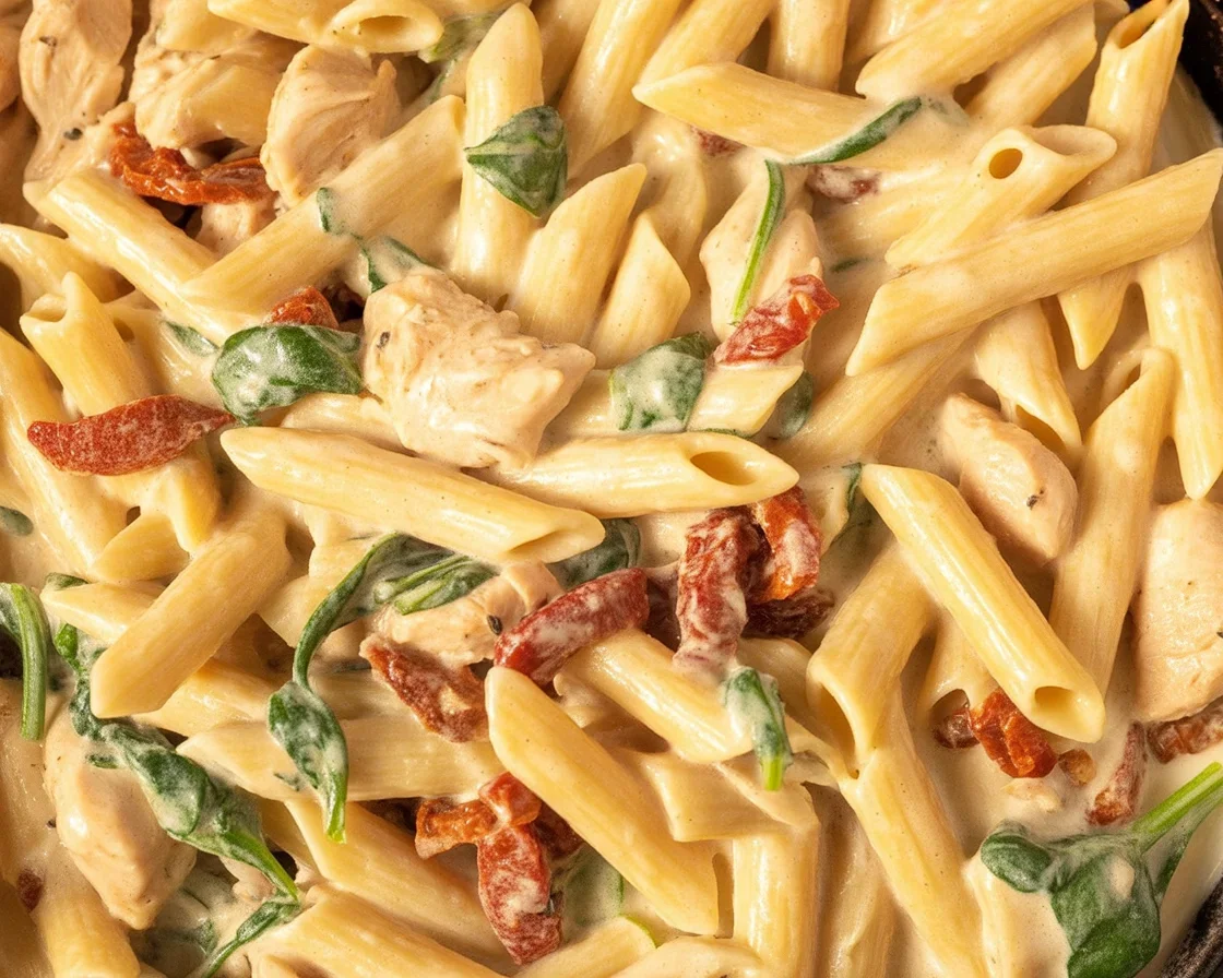 One pot creamy Tuscan chicken pasta served in a bowl with sun-dried tomatoes and spinach.