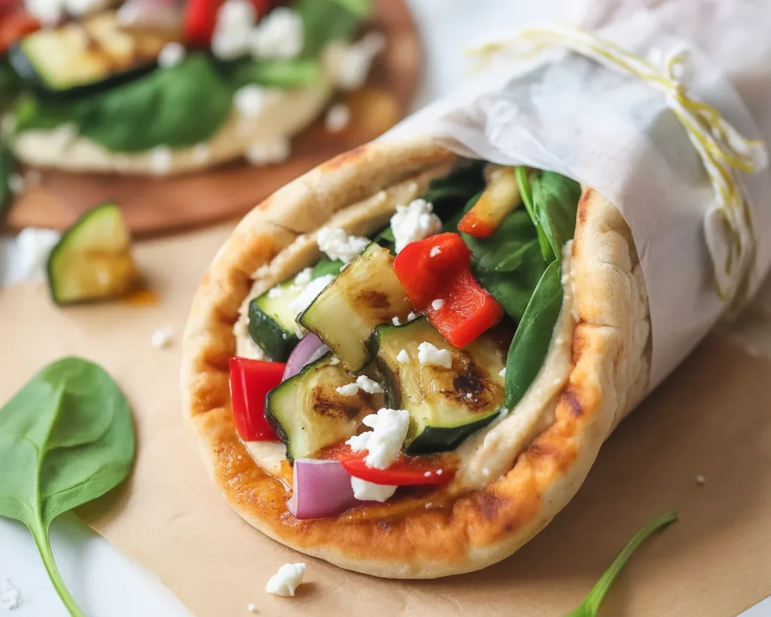 Pita bread breakfast wrap filled with hummus and scrambled eggs, garnished with fresh herbs.