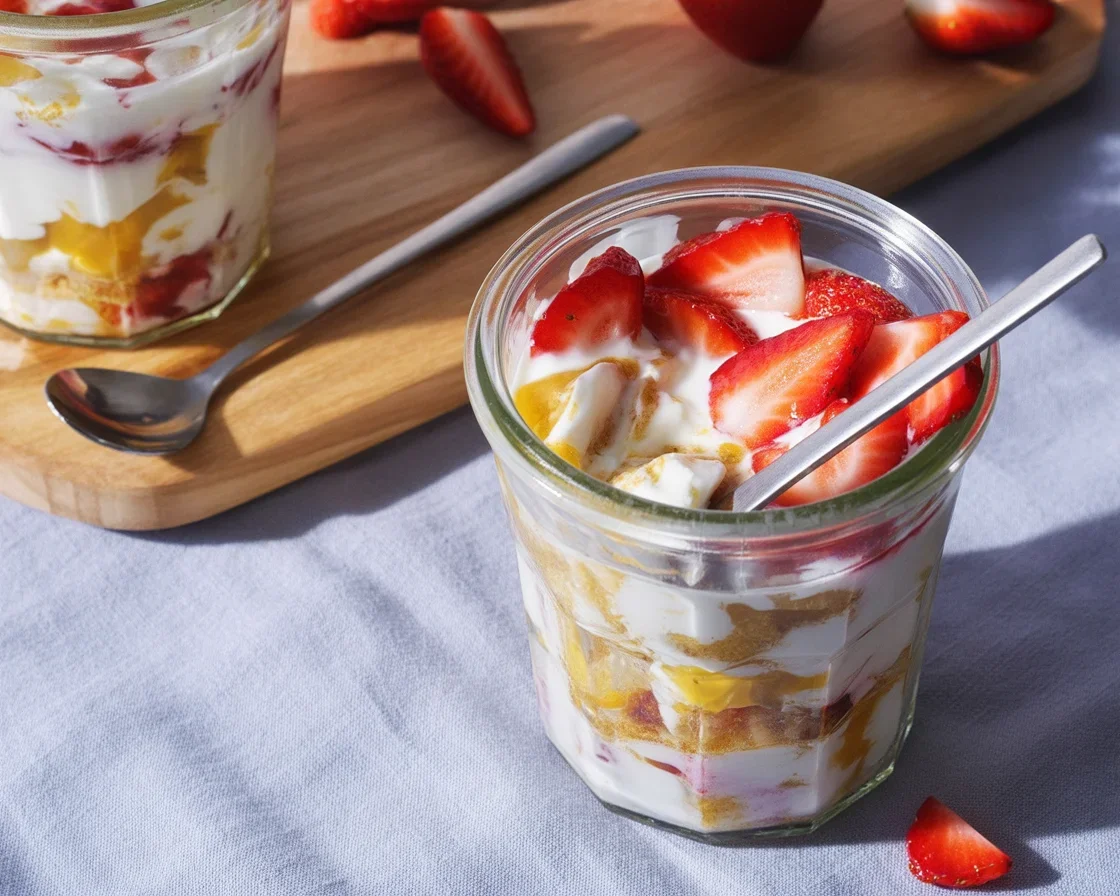 Healthy strawberry peanut butter overnight oats with Greek yogurt and chia seeds.