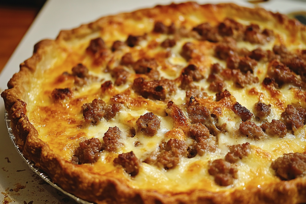 Easy Monterey Sausage Pie Recipe – A Family Favorite Meal Close-up of Monterey sausage pie baked in a pie dish with bubbling cheese
