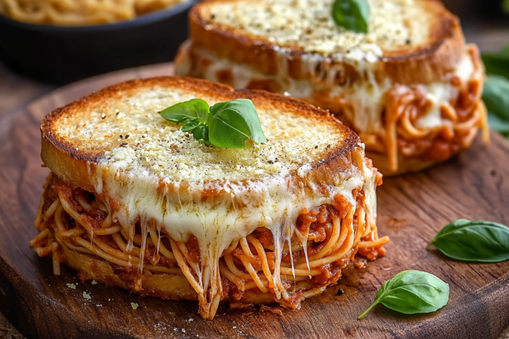 Delicious Spaghetti Grilled Cheese Sandwich – A Fun Family Favorite Crispy golden grilled cheese stuffed with spaghetti and melted mozzarella