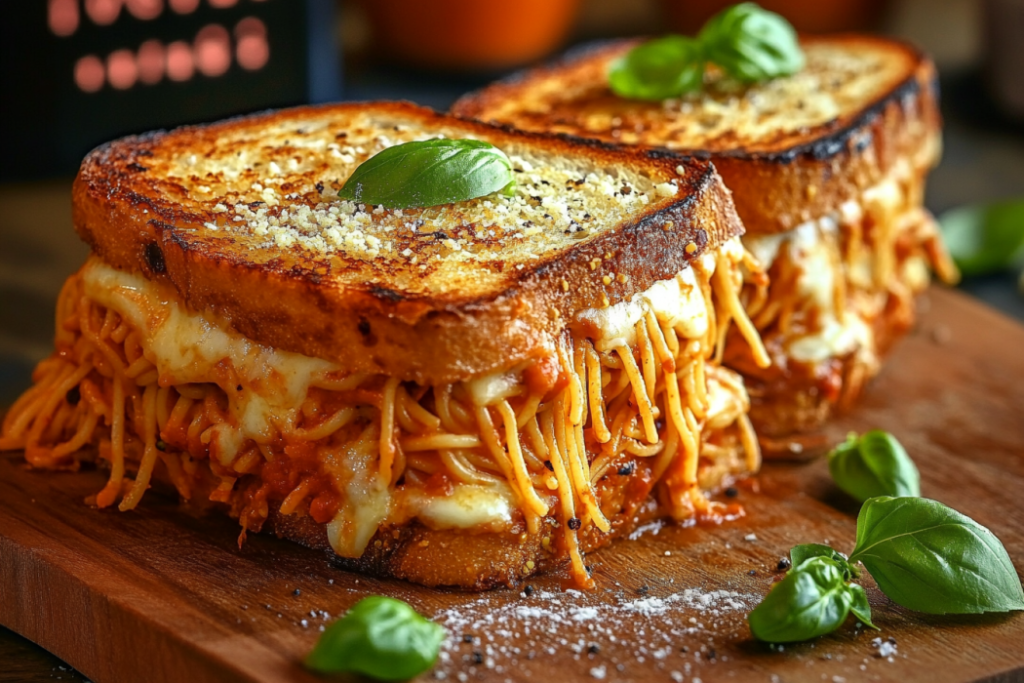 Spaghetti Grilled Cheese – The Ultimate Comfort Food Mashup Spaghetti grilled cheese sandwich sliced in half showing gooey pasta and melted cheese