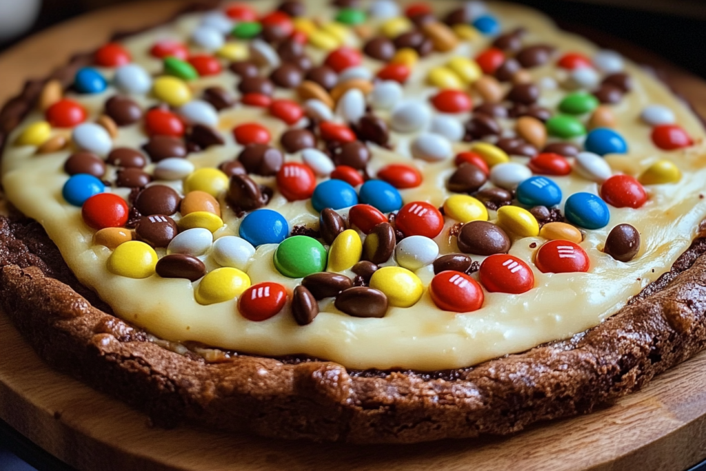 White chocolate brownie pizza topped with colorful M&M’s on a tray White Chocolate Brownie Pizza with M&M’s – A Fun & Easy Dessert