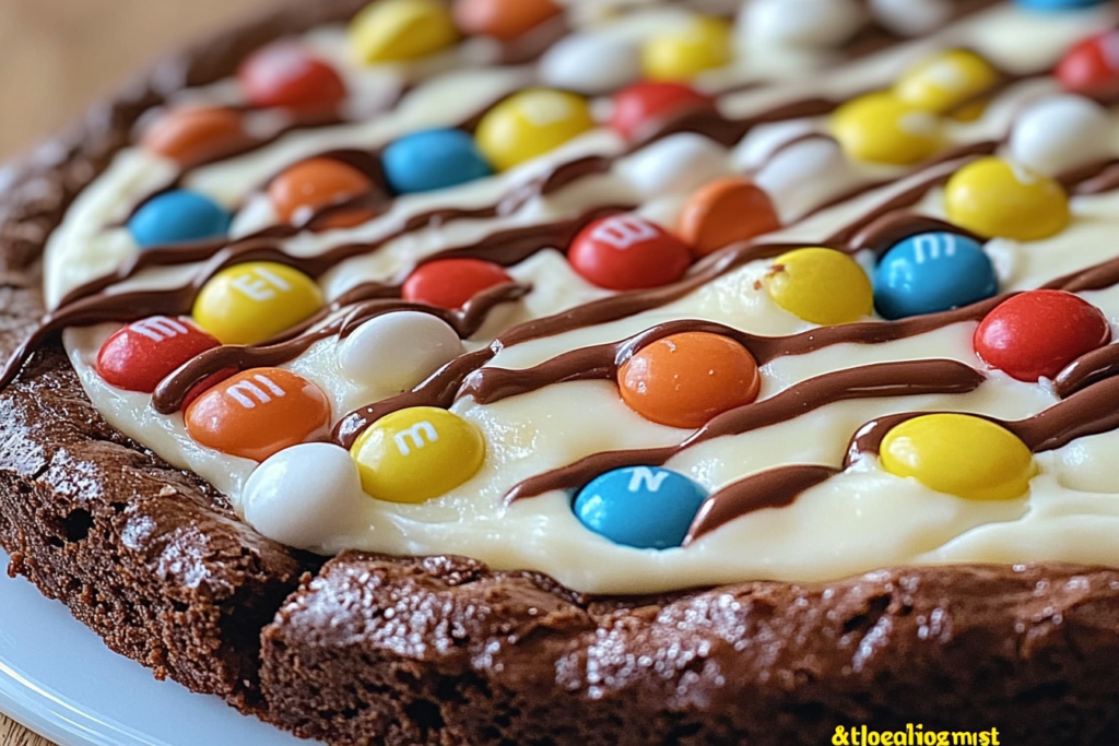 Easy White Chocolate Brownie Pizza with M&M's: A Fun Dessert Recipe 2 Close-up of brownie pizza with melted white chocolate and colorful M&M candies