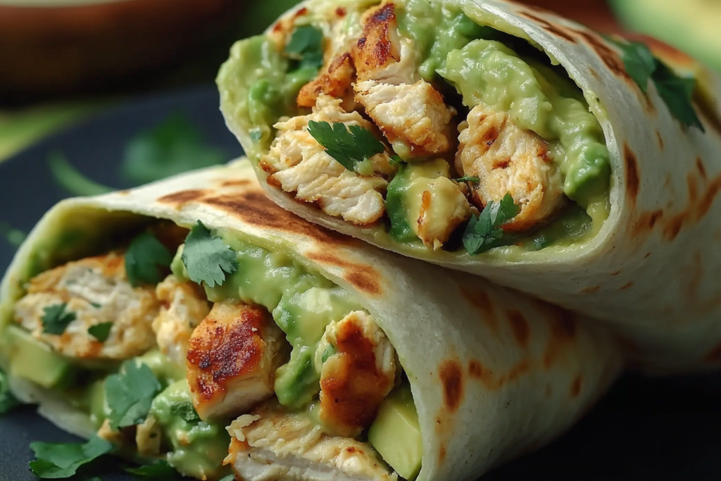 Easy Avocado Chicken Wraps – A Simple, Satisfying Meal Close-up of a chicken and avocado wrap cut in half showing fresh ingredients