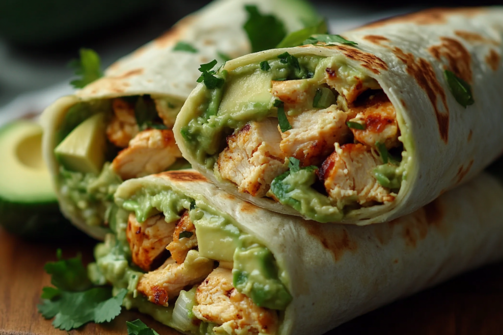 Avocado Chicken Wraps – Healthy, Fresh, and Flavorful Sliced avocado chicken wraps with grilled chicken, lettuce, and tomato