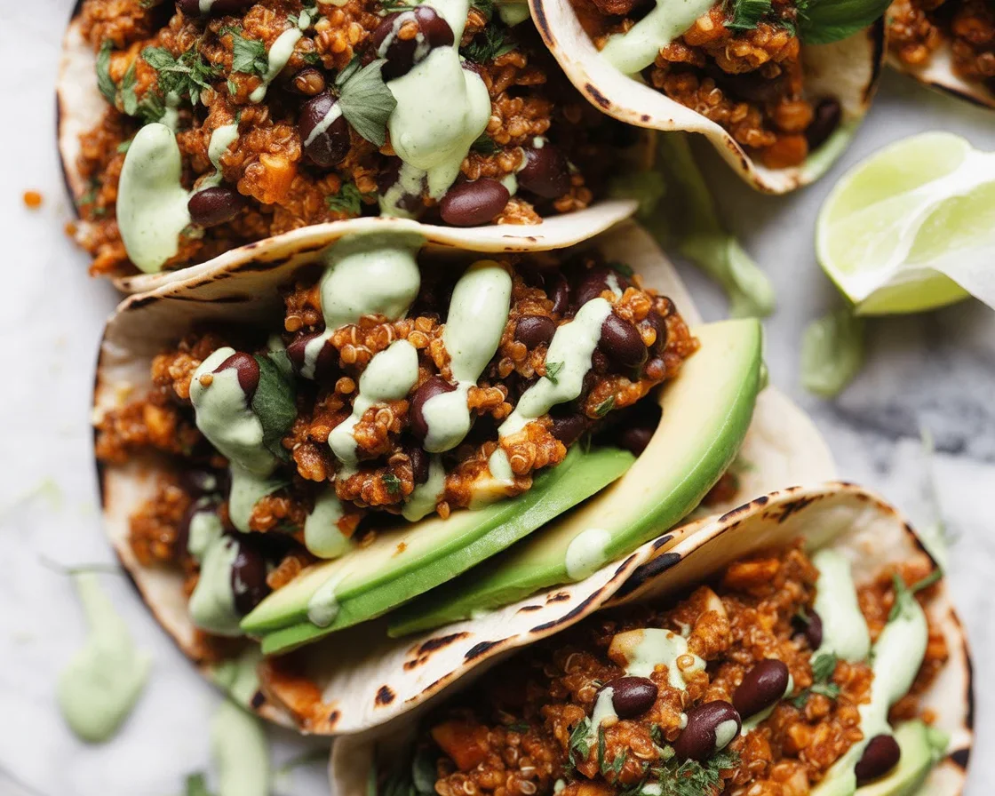 Healthy black bean quinoa taco bowl with fresh toppings and cilantro lime crema