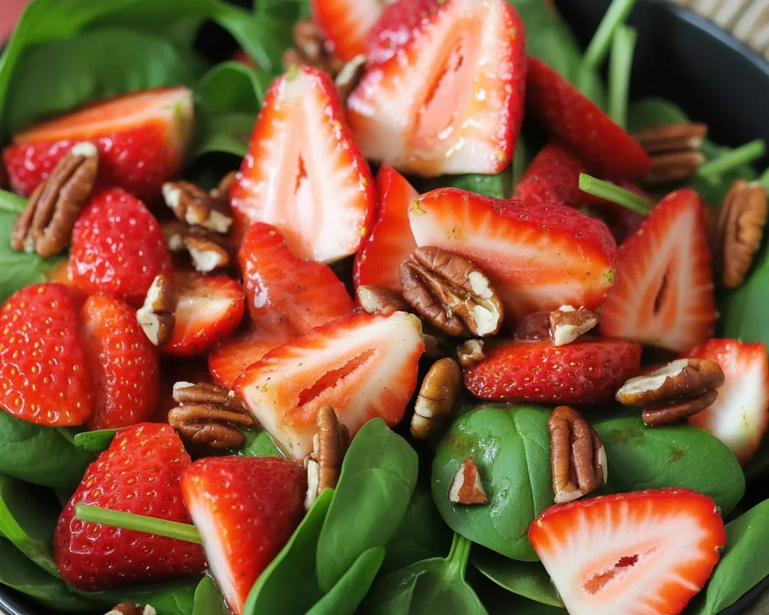 Tuna salad with egg, spinach, and strawberries served on a plate