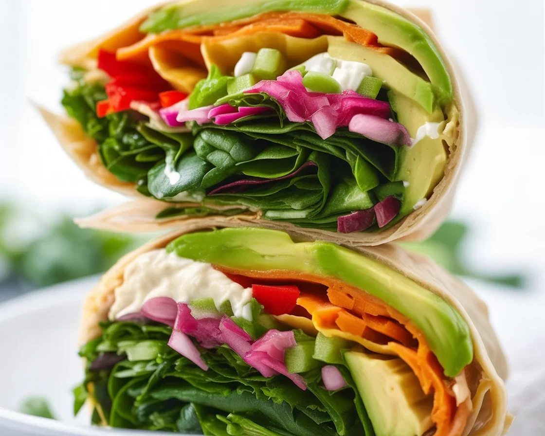 Avocado hummus veggie wrap filled with fresh vegetables and creamy hummus.