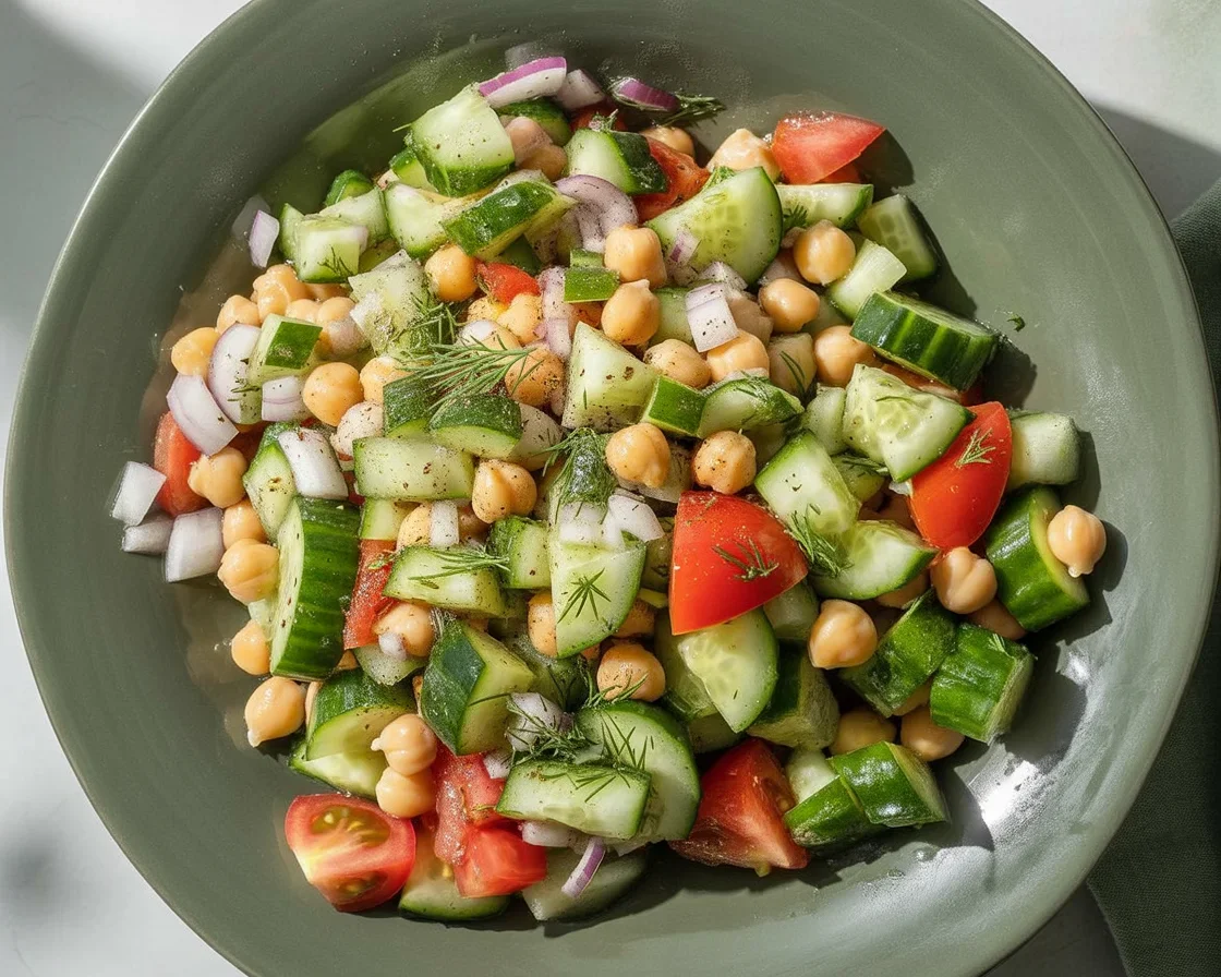 Cucumber chickpea salad with feta cheese, fresh vegetables, and lemon dressing.