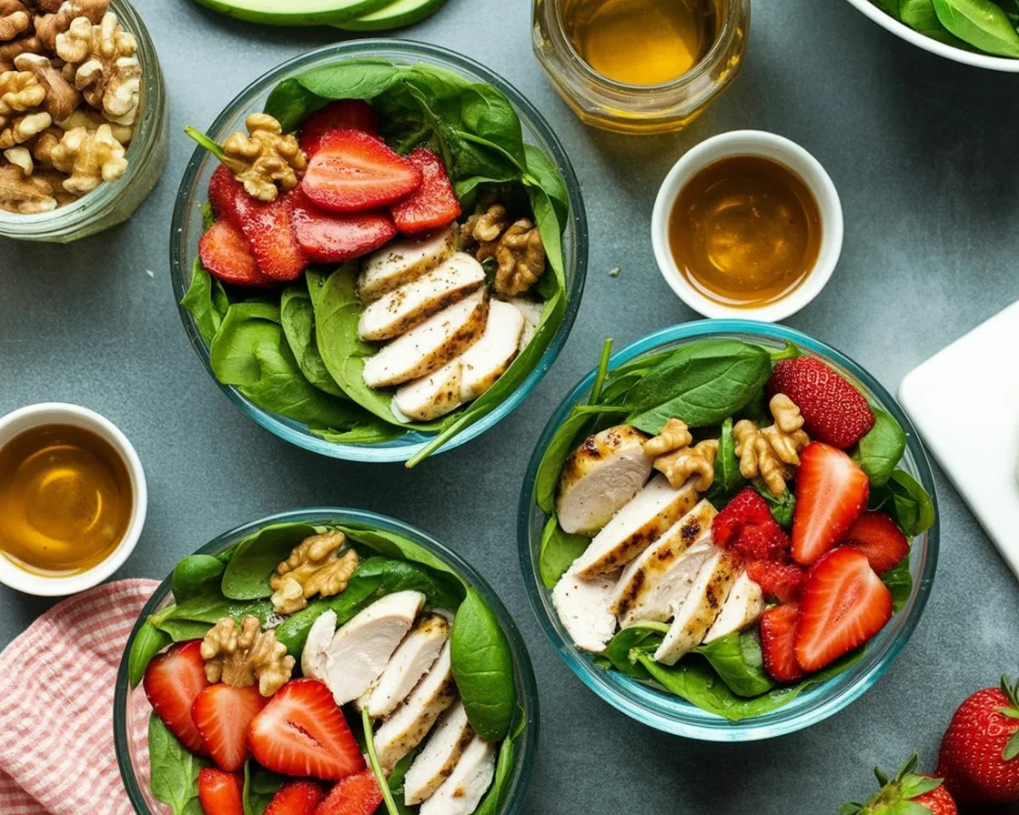 Fresh spinach strawberry meal prep salad with poppy seed dressing