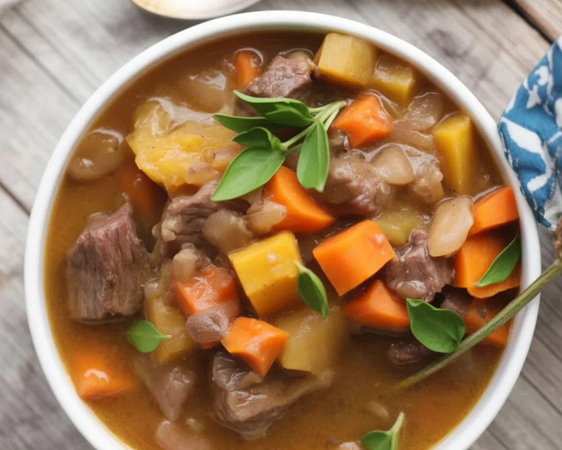 Delicious slow cooker beef stew with root vegetables in a bowl