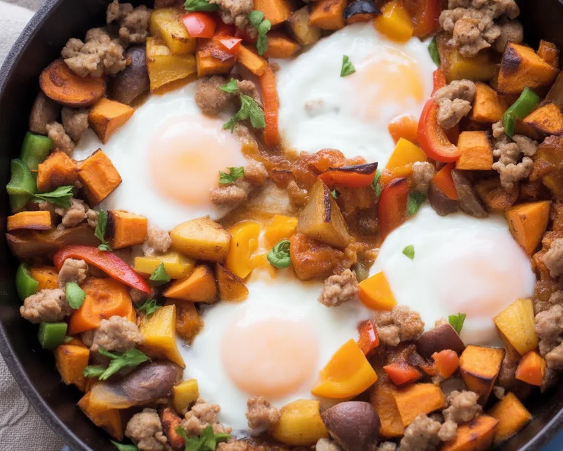 Savory sweet potato breakfast hash with turkey sausage, onions, and peppers.