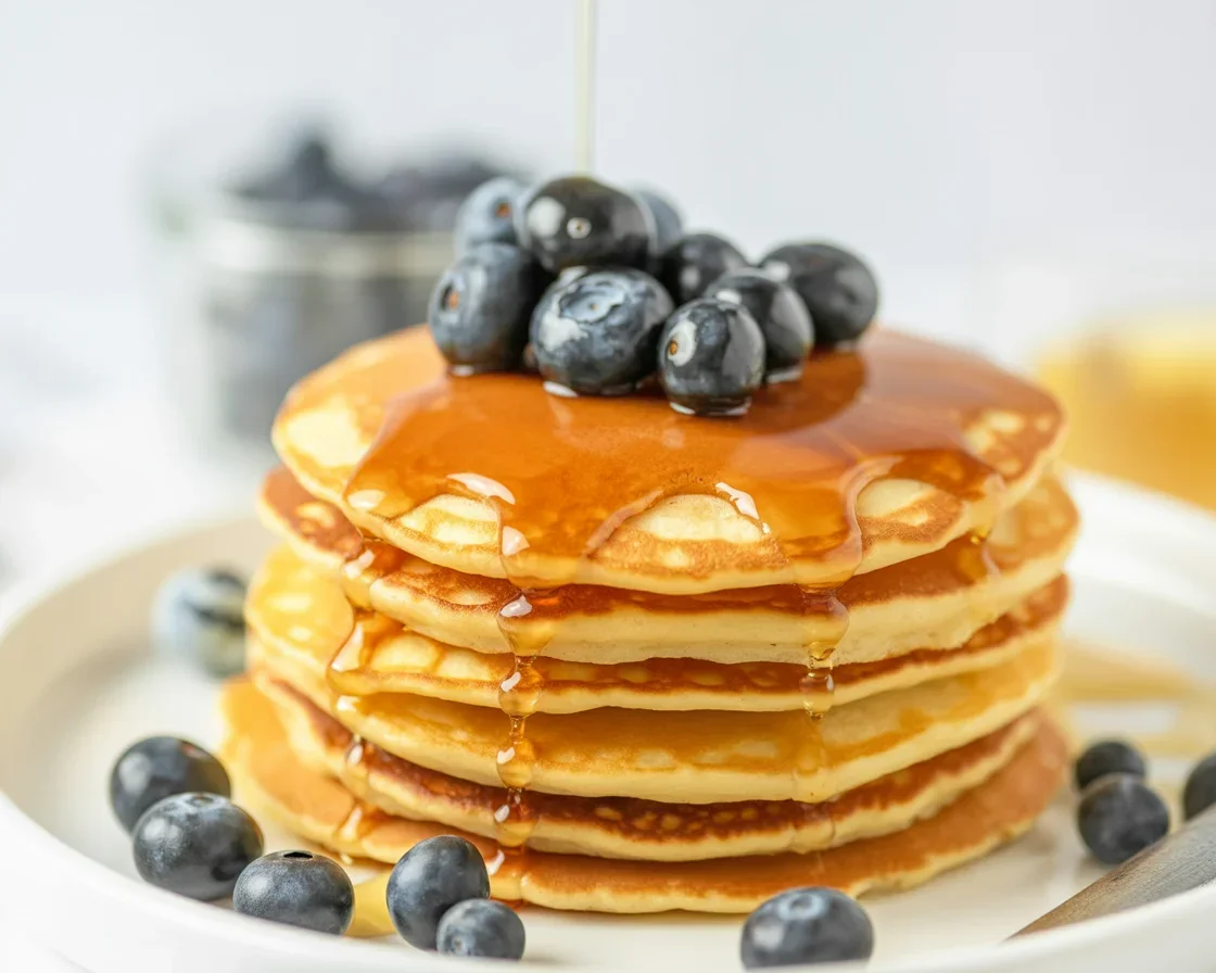 Fluffy chickpea flour vegan pancakes served with fresh toppings and herbs.