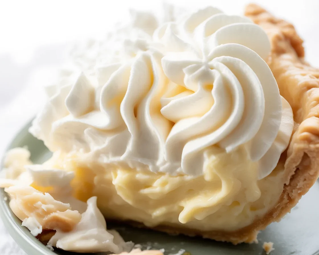 Delicious homemade coconut cream pie topped with fresh whipped cream and toasted coconut.
