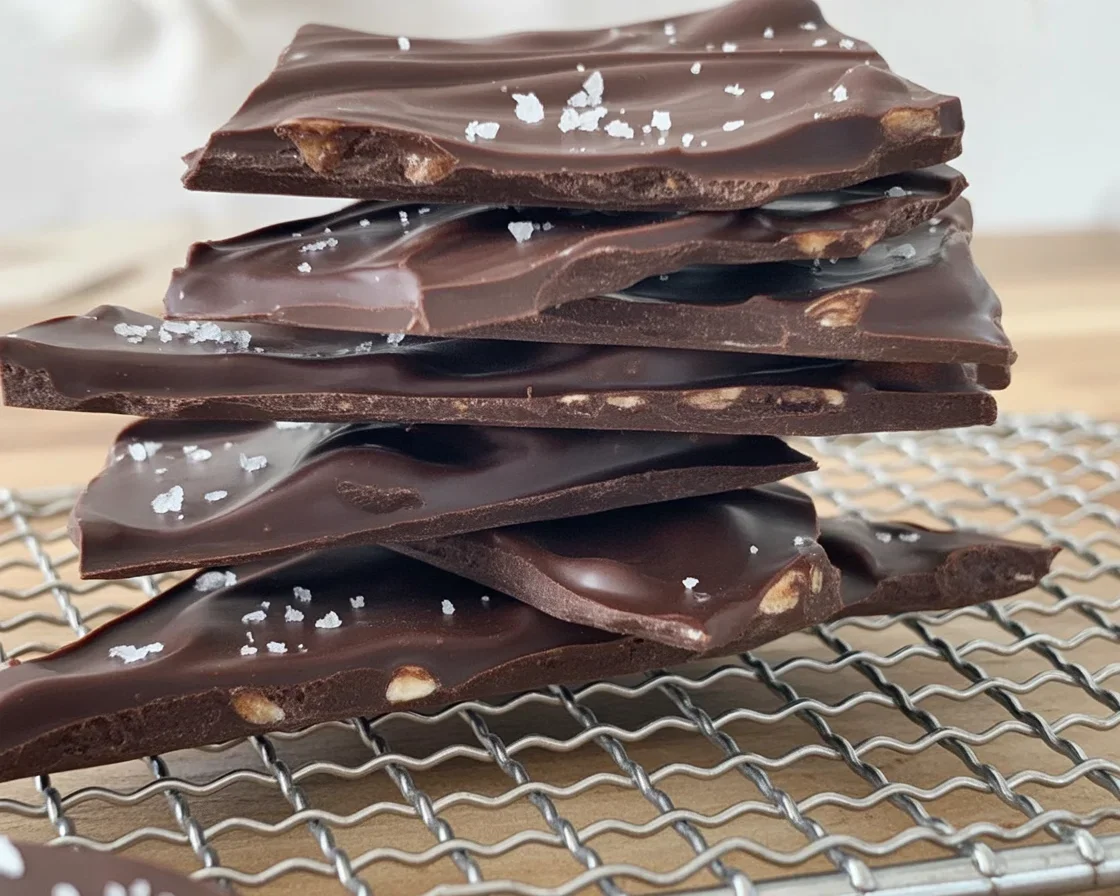 Dark chocolate sea salt bark with crunchy almonds and a sprinkle of sea salt.