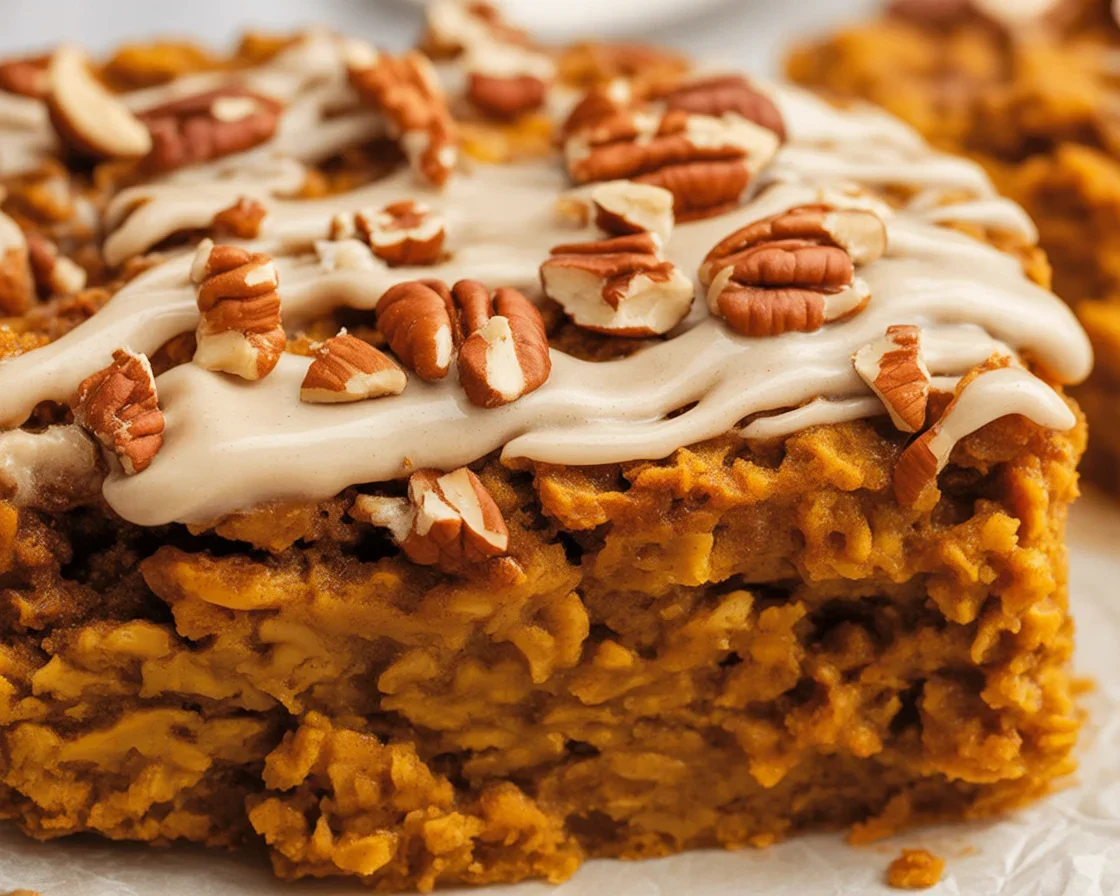 Delicious pumpkin spice baked oatmeal topped with nuts and served in a bowl.