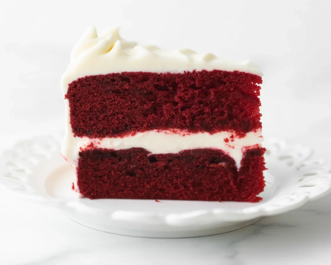 Slice of rich red velvet cake topped with fluffy cream cheese frosting.